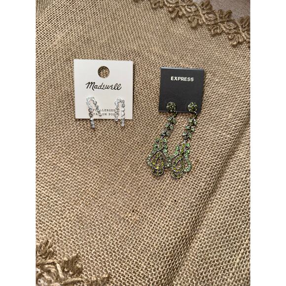 New Madewell Rhinestone Stud Earrings Express Green Silver Dangle $70 Bundle Lot - Picture 2 of 7